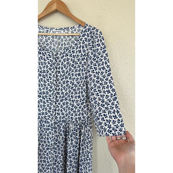 Reformation Adair Blue White Floral Button Front Midi Dress 12 Half Sleeve - Picture 4 of 8
